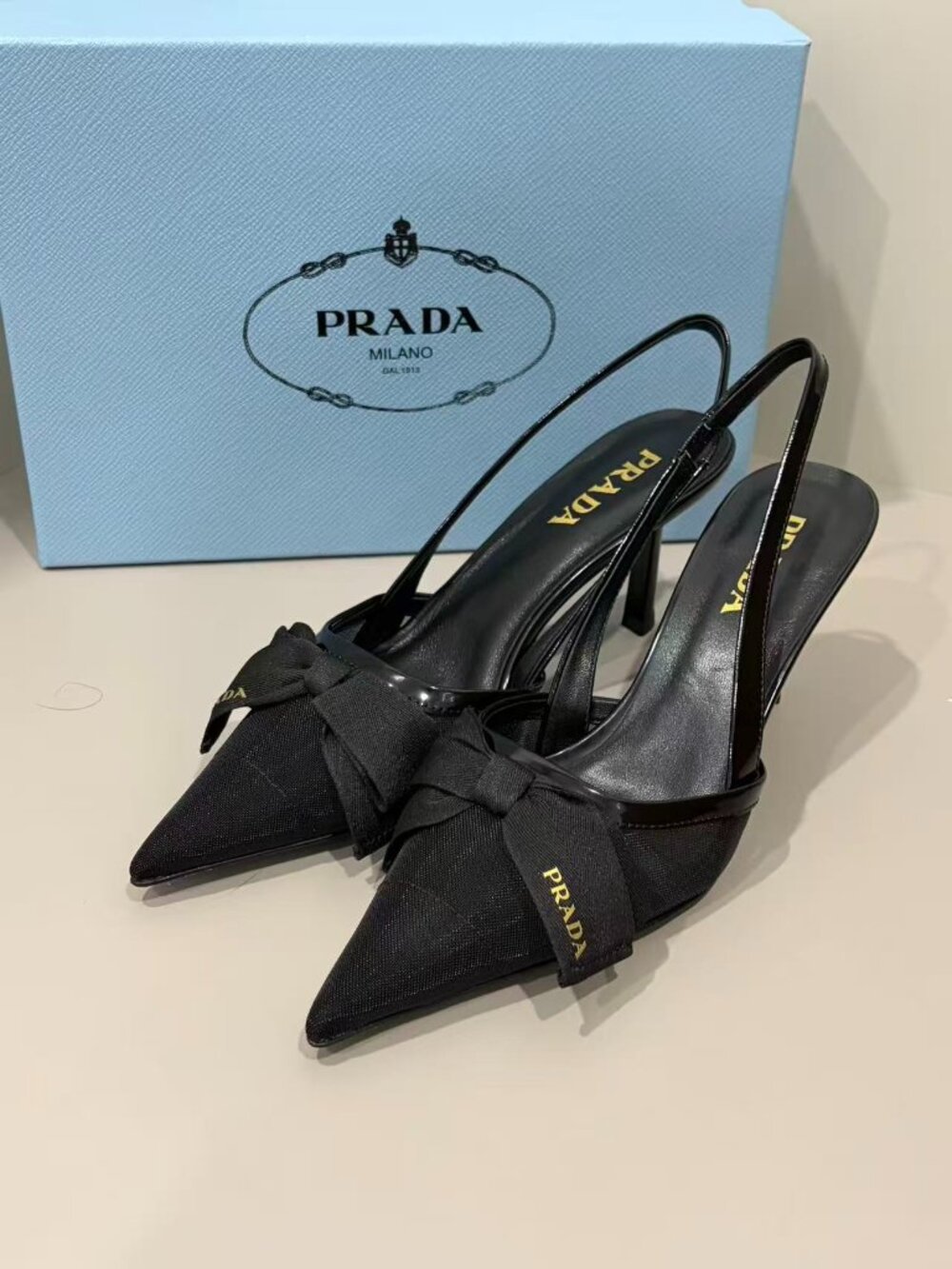 Black Slingback Pumps Prada Bow Detail Pointed Toe Stiletto Heels